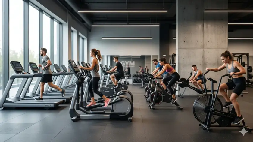 Modern gym with treadmill, exercising cycle, spinning bike, rowing machine, and other cardio fitness machines