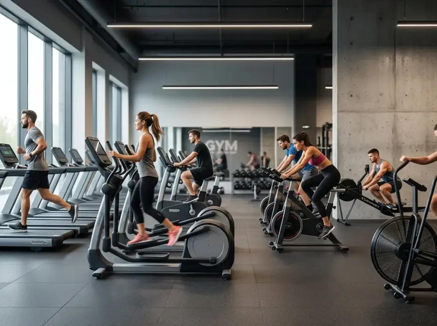 Modern gym with treadmill, exercising cycle, spinning bike, rowing machine, and other cardio fitness machines
