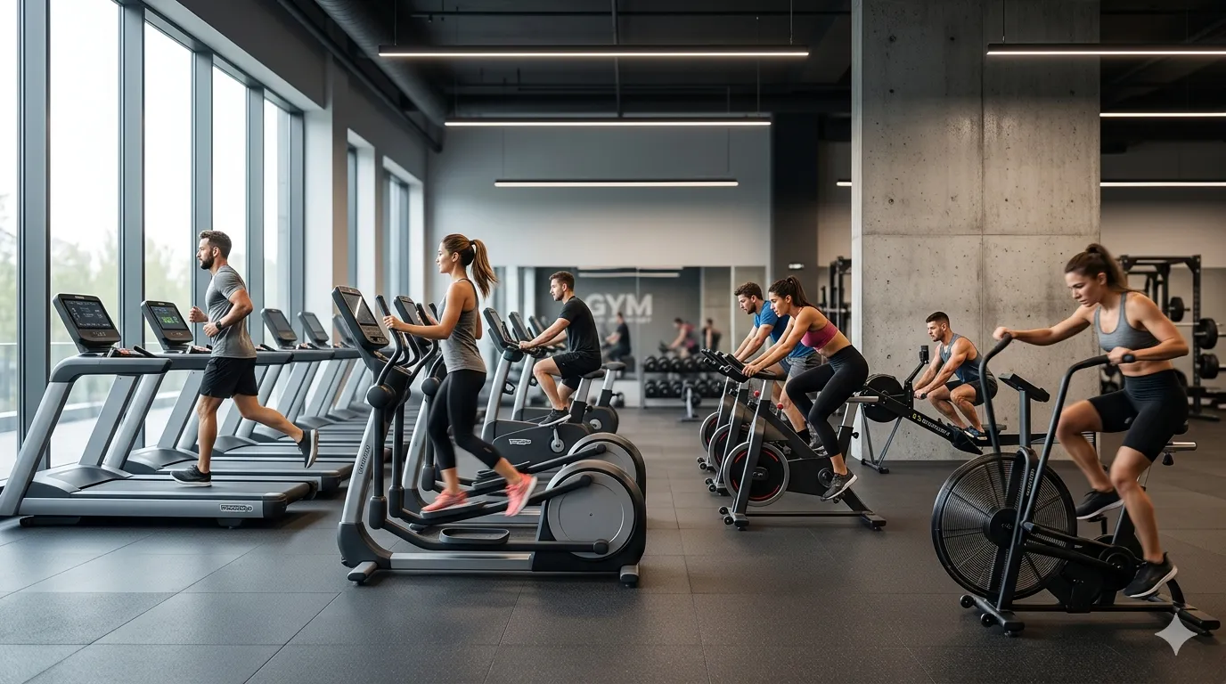 Modern gym with treadmill, exercising cycle, spinning bike, rowing machine, and other cardio fitness machines
