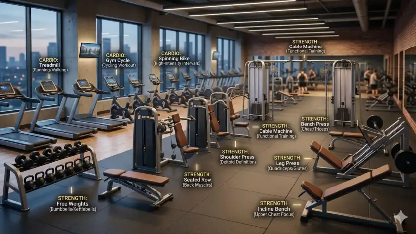 Modern commercial gym showing different gym equipment names including treadmill, leg press machine, dumbbells, spinning cycle, and workout machines.