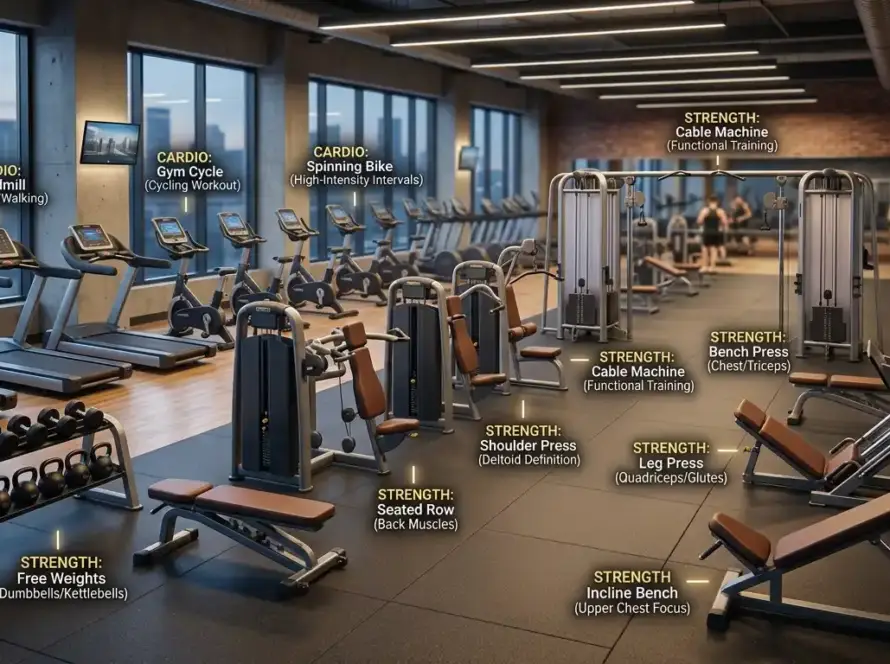Modern commercial gym showing different gym equipment names including treadmill, leg press machine, dumbbells, spinning cycle, and workout machines.