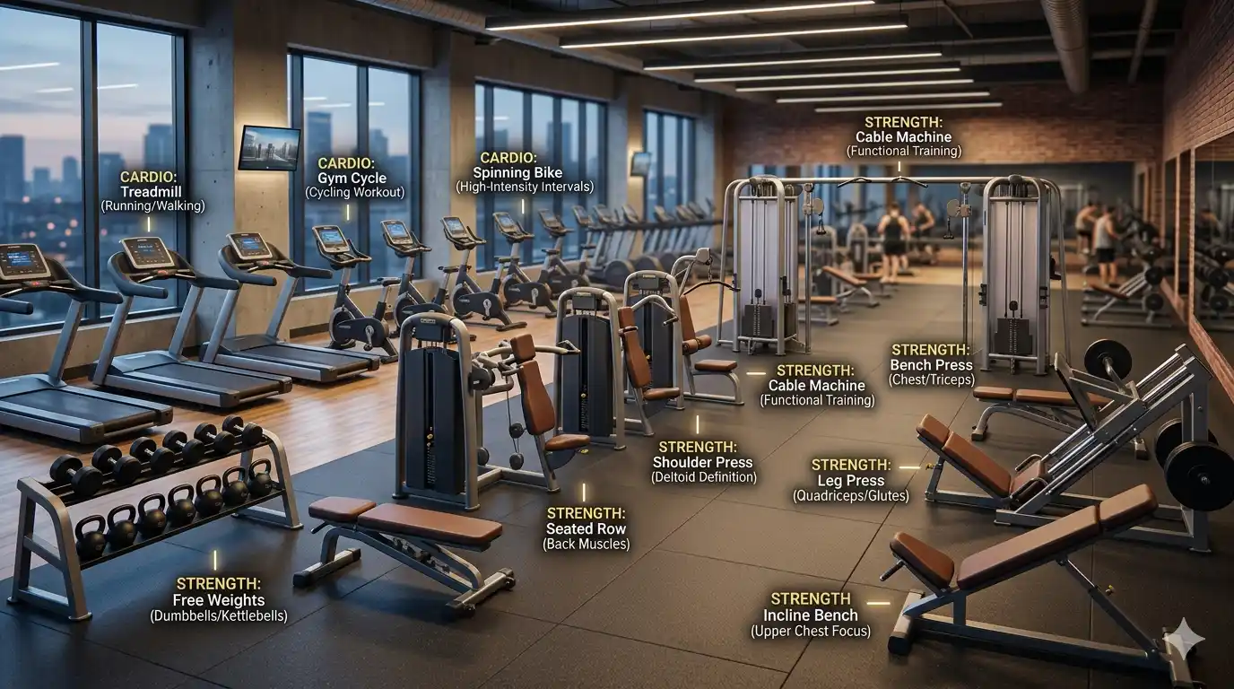 Modern commercial gym showing different gym equipment names including treadmill, leg press machine, dumbbells, spinning cycle, and workout machines.