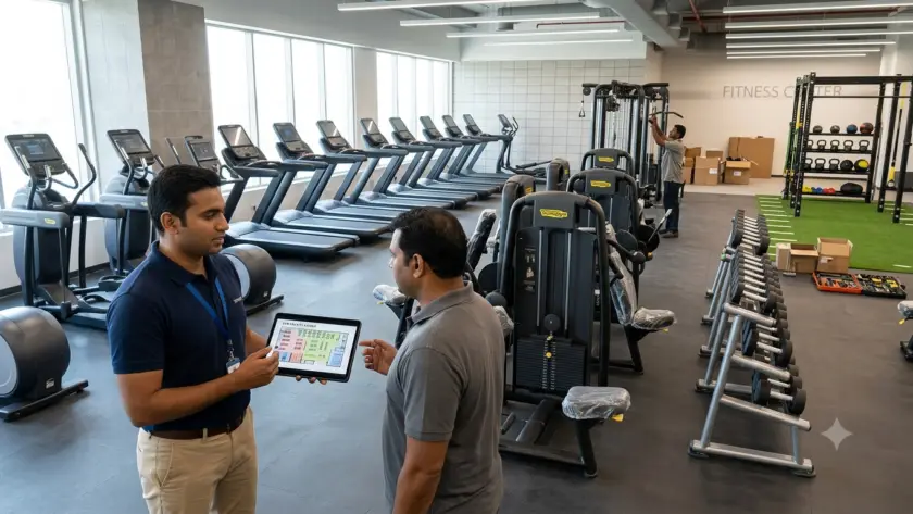 Modern commercial gym setup in India featuring cardio machines, strength equipment, free weights, and professional gym layout planning.