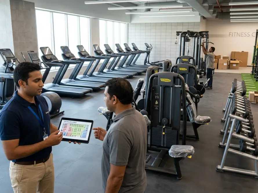 Modern commercial gym setup in India featuring cardio machines, strength equipment, free weights, and professional gym layout planning.