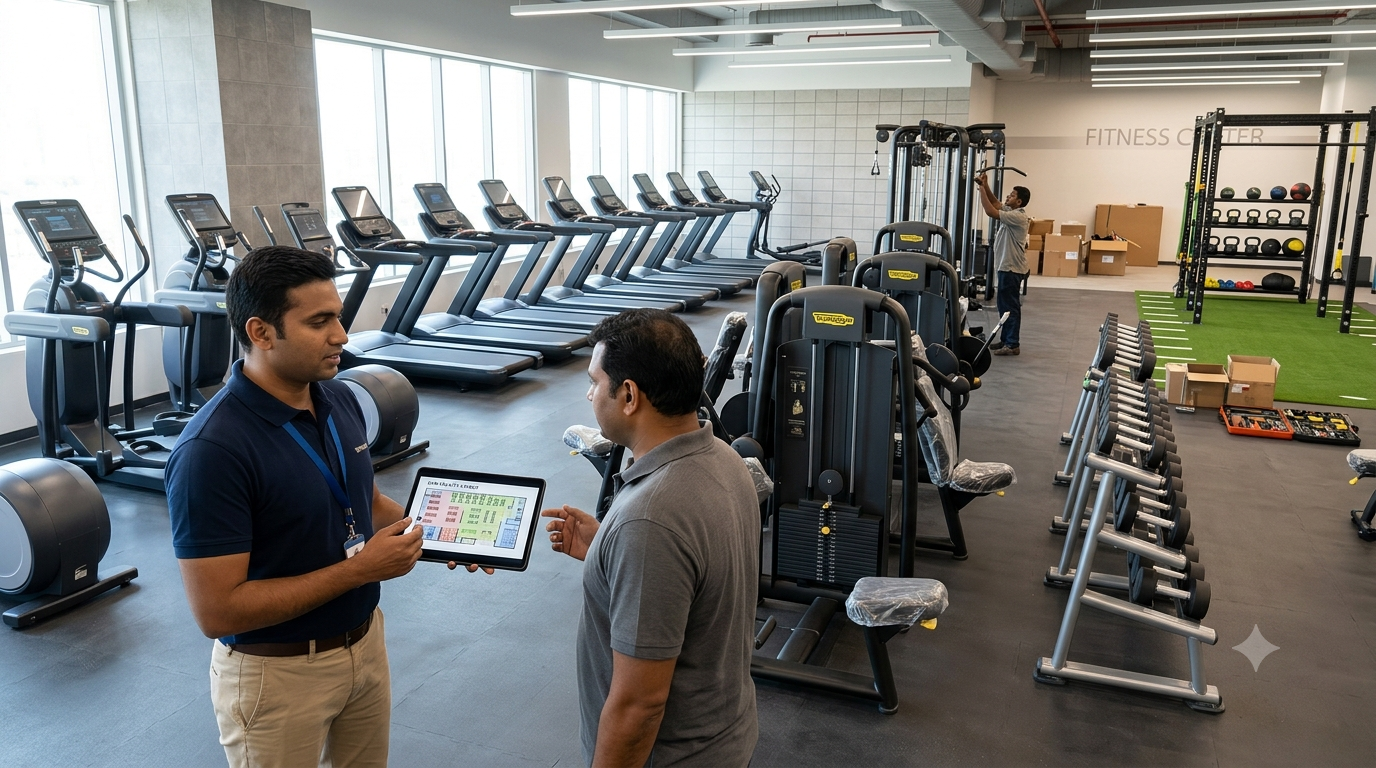 Modern commercial gym setup in India featuring cardio machines, strength equipment, free weights, and professional gym layout planning.