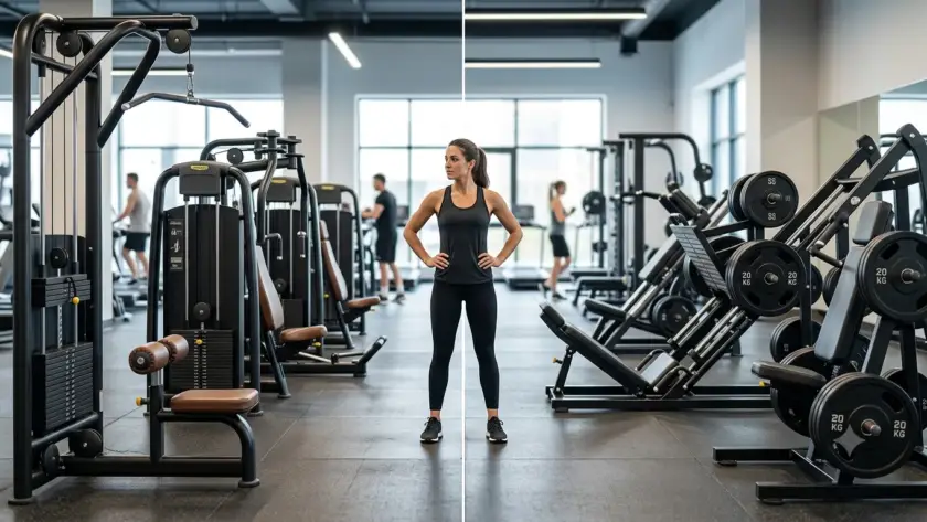 Selectorized strength equipment and plate-loaded gym equipment displayed side by side in a modern commercial gym, including a lat pulldown machine and leg press machine.