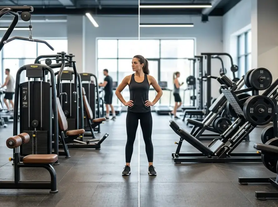 Selectorized strength equipment and plate-loaded gym equipment displayed side by side in a modern commercial gym, including a lat pulldown machine and leg press machine.