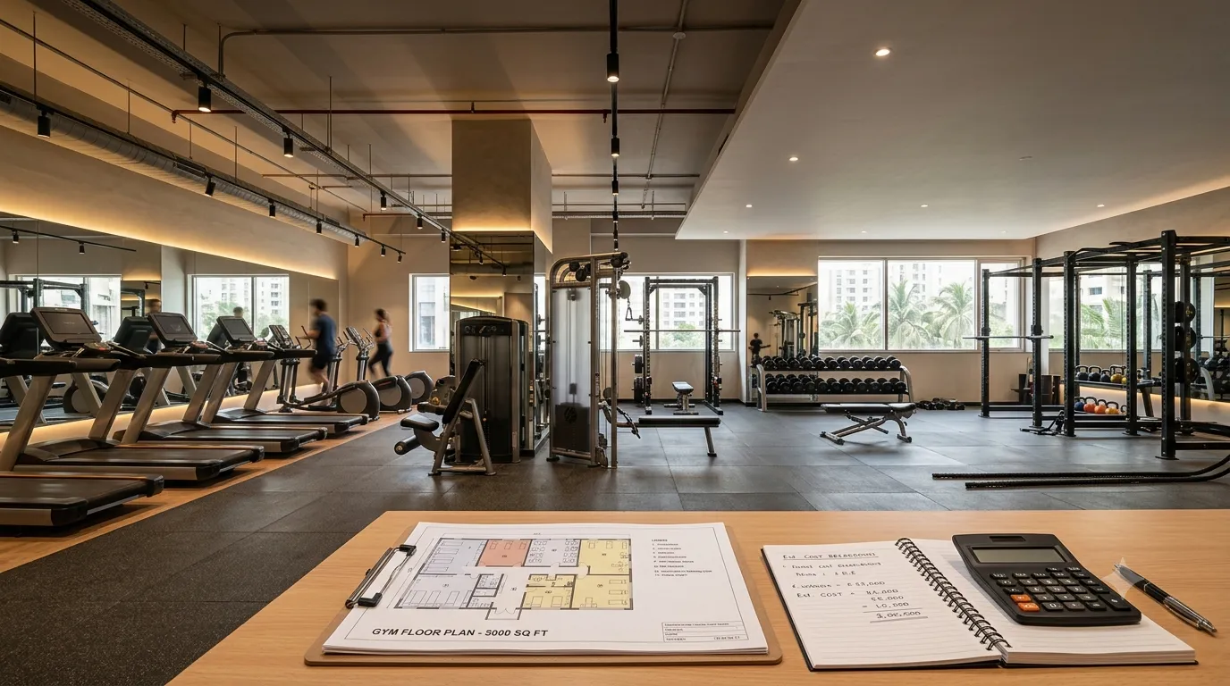Commercial gym setup in India with cardio, strength and functional fitness equipment
