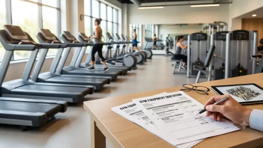 A close-up view of a hand holding a pen and a tablet with a gym floor plan, both resting on a light wood desk. In the background, rows of commercial treadmills and other fitness equipment fill a spacious, well-lit gym with large windows.