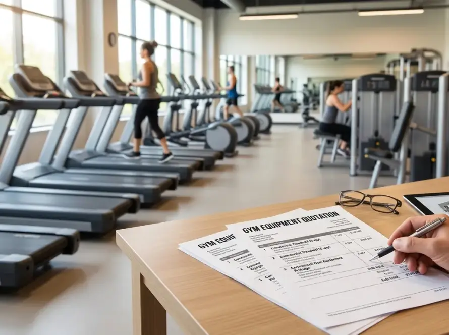 A close-up view of a hand holding a pen and a tablet with a gym floor plan, both resting on a light wood desk. In the background, rows of commercial treadmills and other fitness equipment fill a spacious, well-lit gym with large windows.