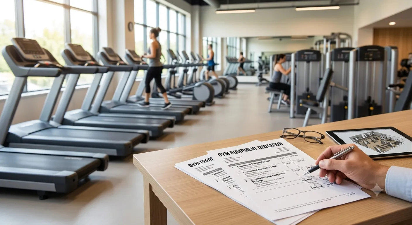 A close-up view of a hand holding a pen and a tablet with a gym floor plan, both resting on a light wood desk. In the background, rows of commercial treadmills and other fitness equipment fill a spacious, well-lit gym with large windows.